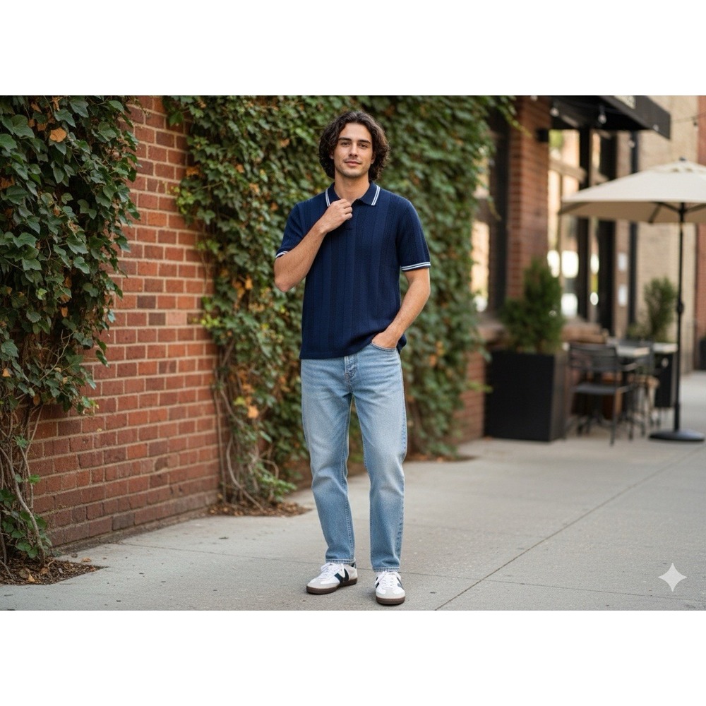 Vintage Aeropostale Navy Pointelle‎ Knit Polo Contrast Trim Preppy Academia Ax L